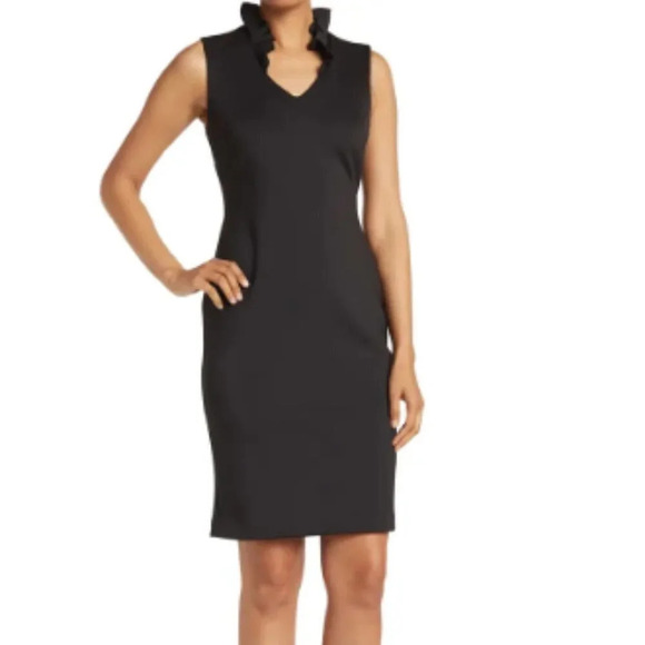 Calvin Klein Ruffle V Neck Sheath Dress Black White Dot Sz 8 - Picture 8 of 8